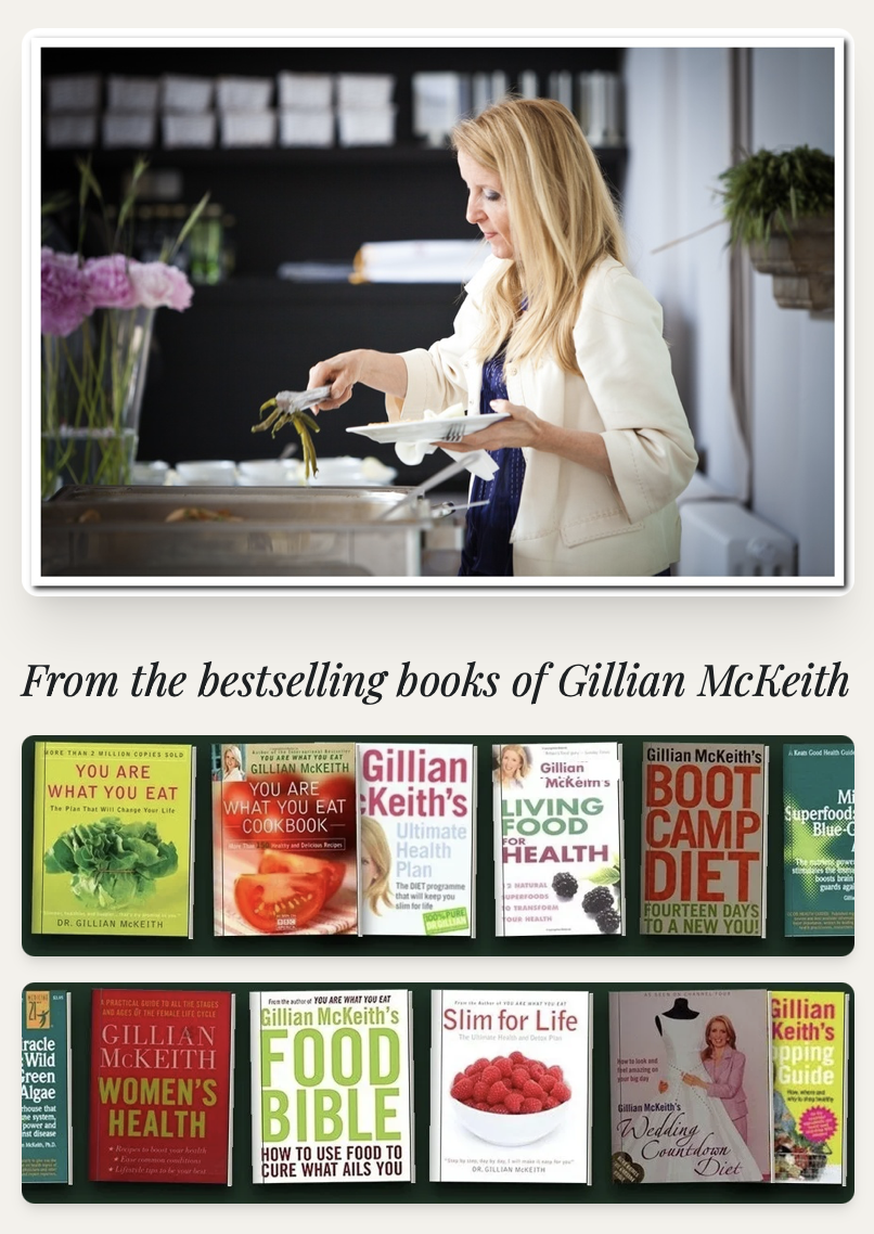 Gillian McKeith serving food above two shelves of her bestselling books